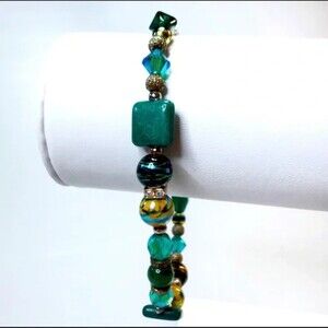 Beaded Toggle Bracelet Handmade Gold & Teal